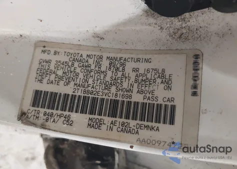 1997 Toyota Corolla Dx z USA, uszkodzony, nr VIN 2T1BB02E3VC181698